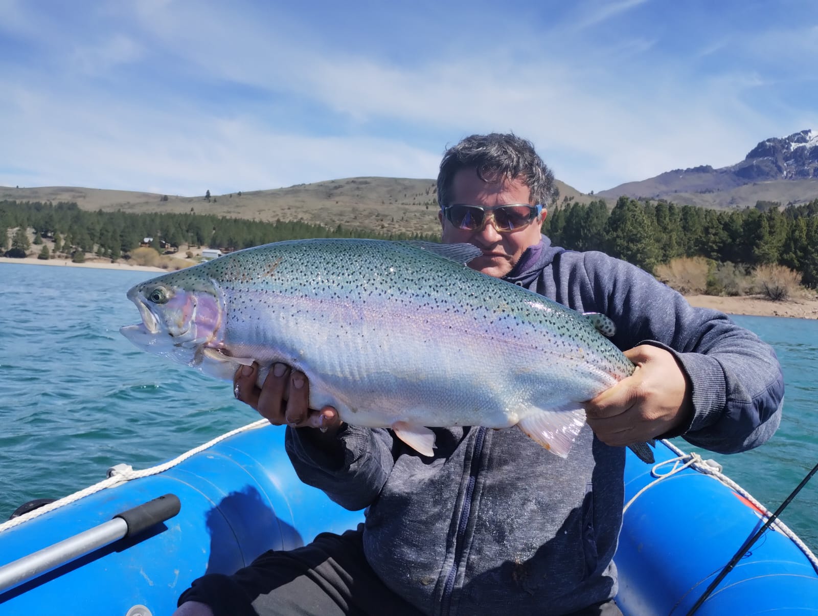Pescador con una gran trucha arcoíris triploide en Alicurá